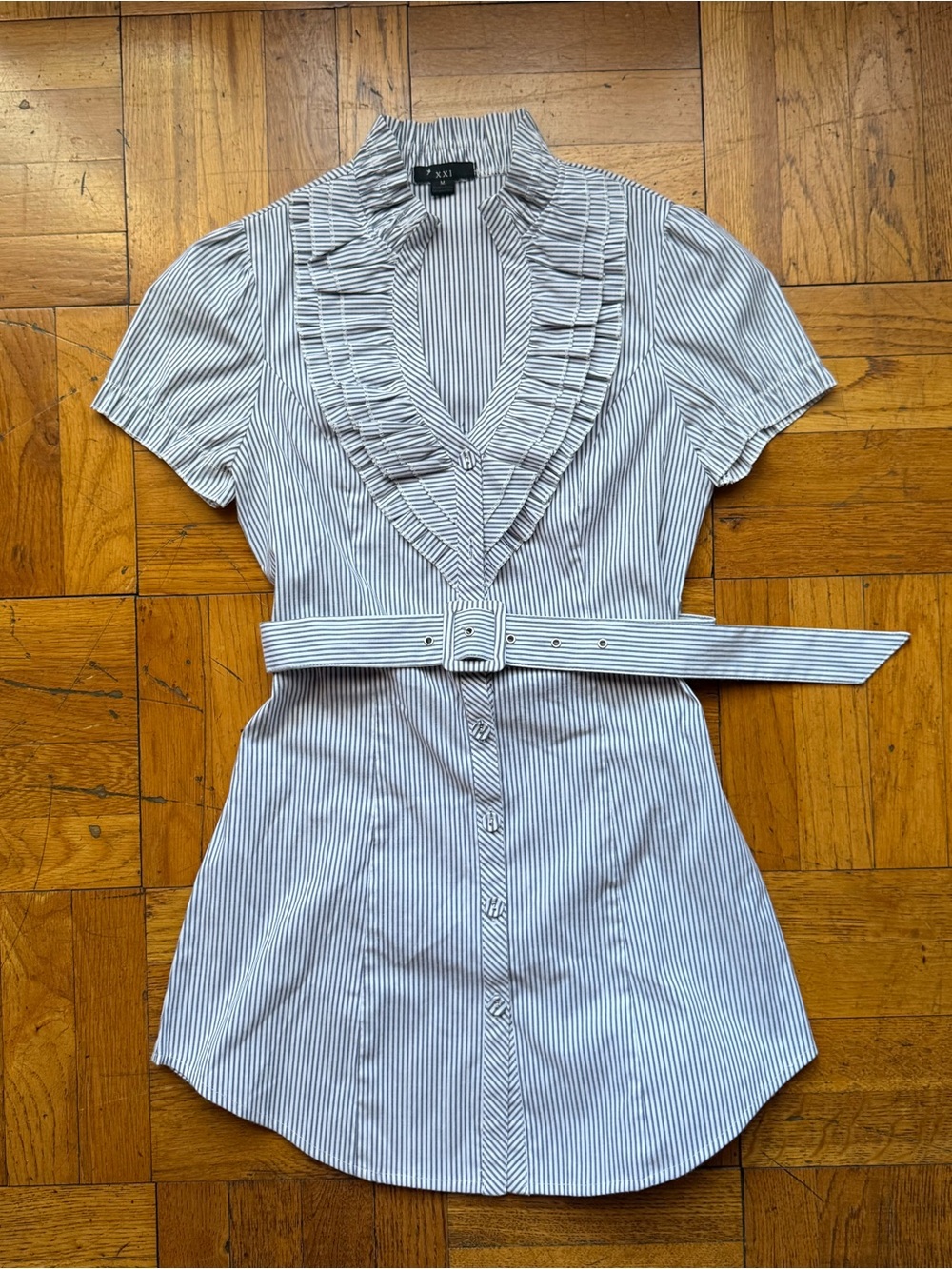 Vintage XXI Ruffled V-Neck Striped Button-Up dress with Belt